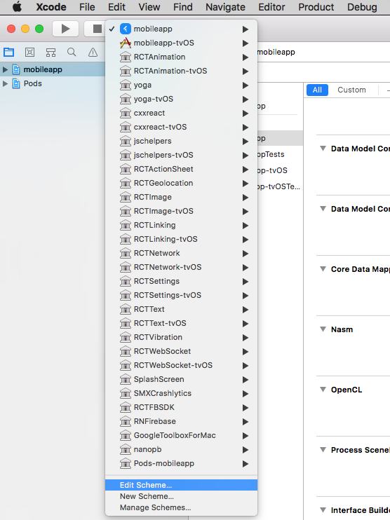 Menu Edit Schema Xcode